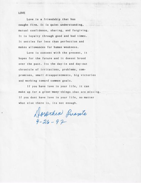 Dorothea Puente - Typed Poem Hand Signed and Dated