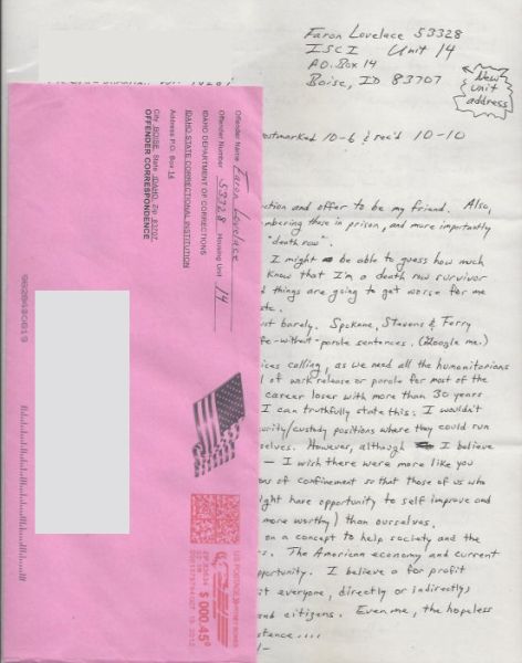Faron Lovelace - Handwritten Letter and Envelope