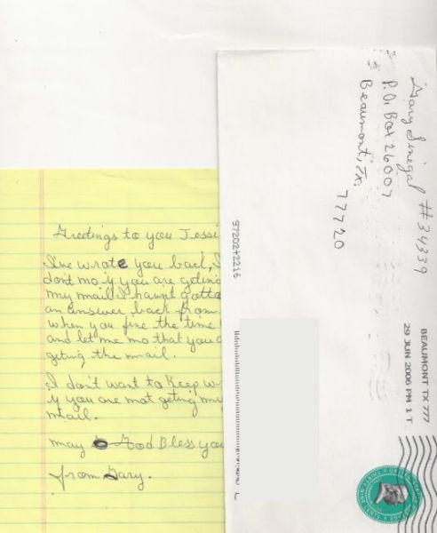 Gary Sinegal - Handwritten Letter and Envelope