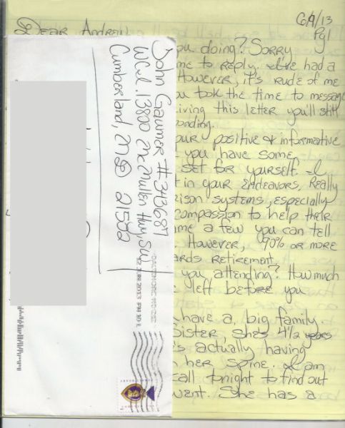 John Gaumer - Myspace Murder - Handwritten Letter and Envelope
