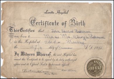 John E. Robinson THE SLAVEMASTER - ORIGINAL Birth Certificate